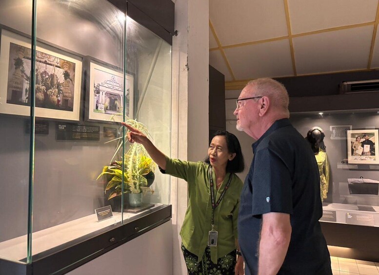 A museum exhibit with glass display cases containing photographs and a potted plant. 4