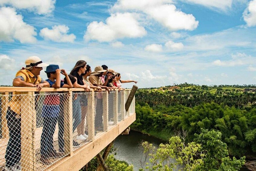 People on a wooden bridge overlooking a river and dense greenery. 4