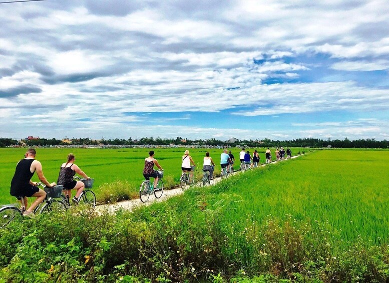 A group of people riding bicycles along a path through a green field. 3