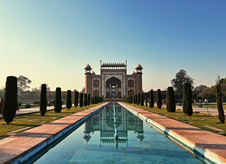 The Taj Mahal with a reflective pool in the foreground. 2