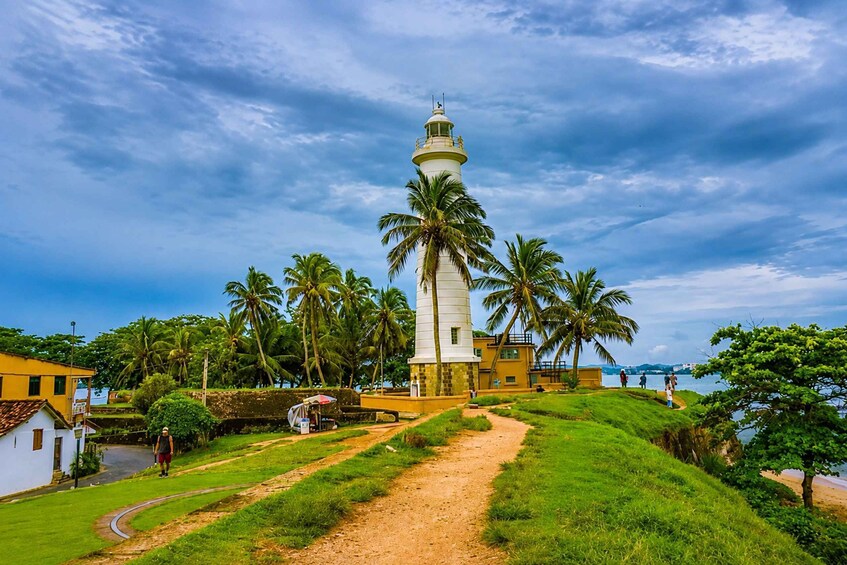 A lighthouse, palm trees, and a coastal path. 1