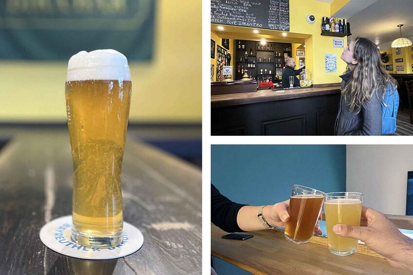 A tall beer glass with foam, a bar counter, and two people holding glasses. 1