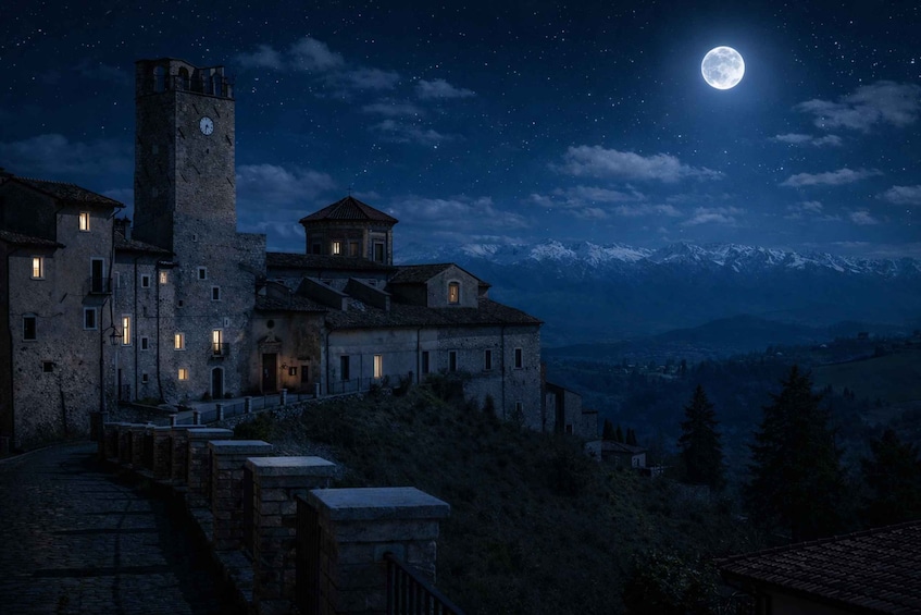 A historic town at night with a prominent tower, illuminated windows, and a full moon in the sky. 1