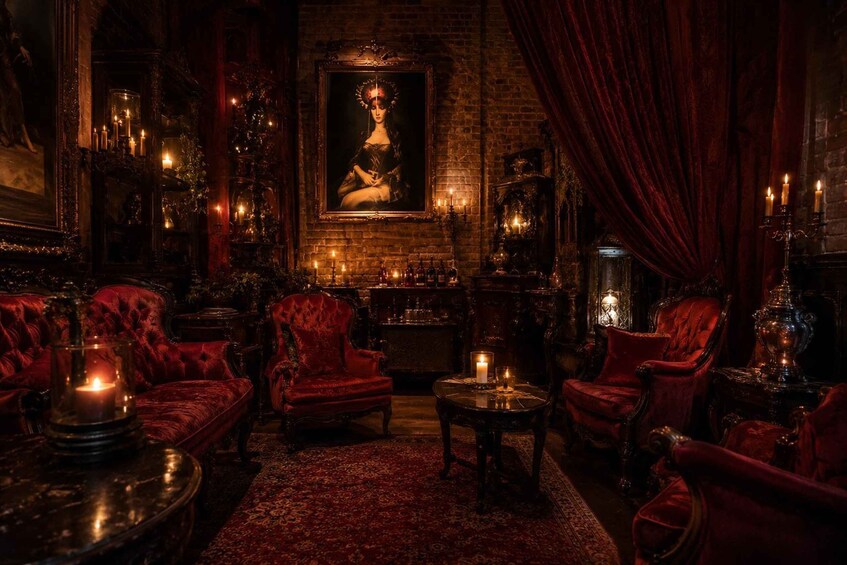 A dimly lit room with red velvet sofas, a large portrait, and candle-lit tables. 3