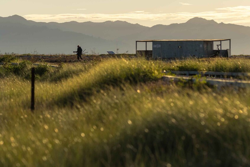 A person walking in a field with a building in the background. 4