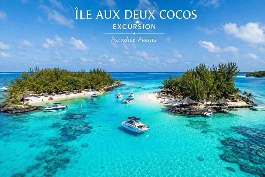 A tropical island with clear turquoise waters, boats, and a beach. 3
