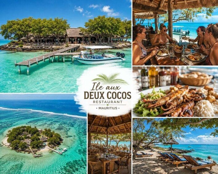 A tropical island resort with a pier, dining areas, and beachside seating. 5