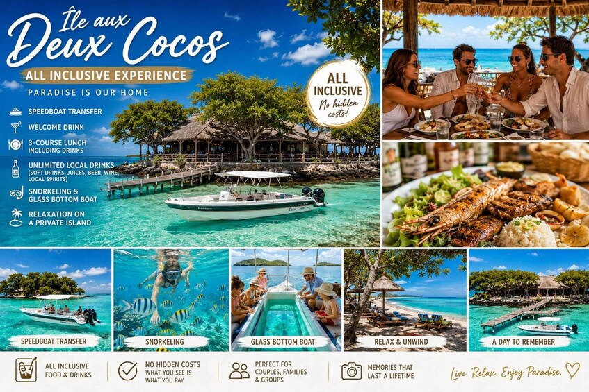 A tropical island resort with speedboat transfers, snorkeling, glass bottom boat tours, and a private island relaxation area. 1
