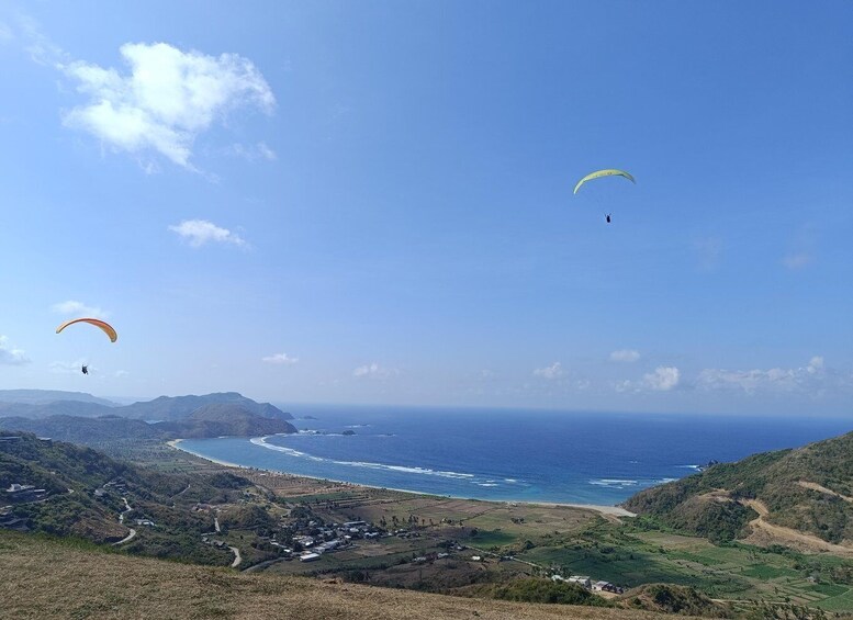 A coastal landscape with two paragliders and a beach. 5