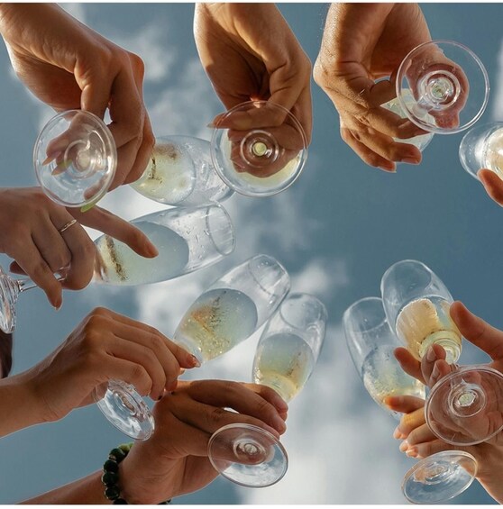 A group of people holding wine glasses. 5