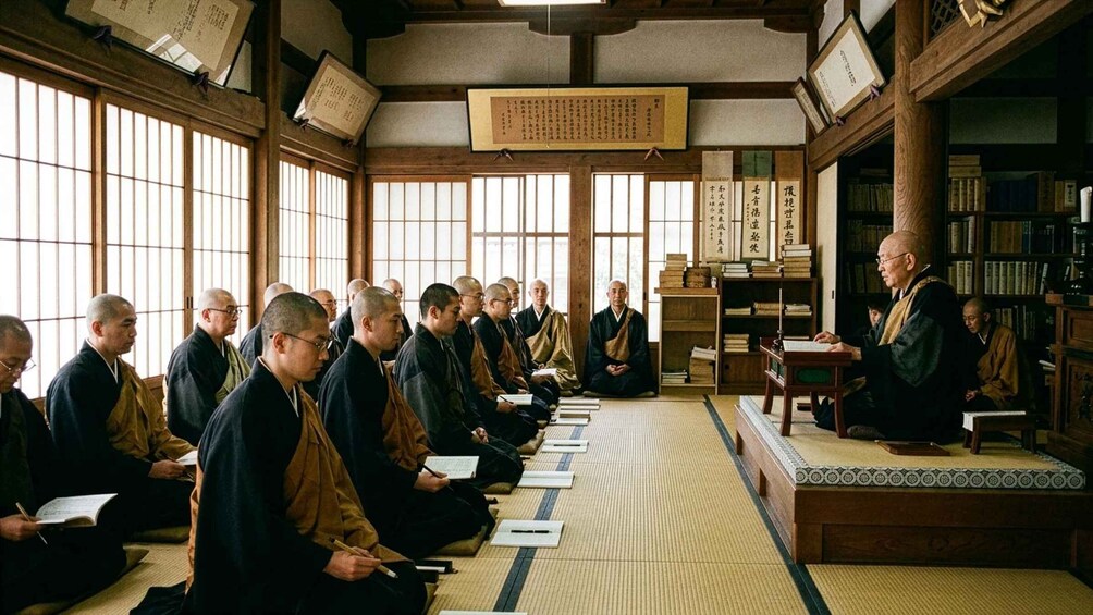 A group of individuals in traditional attire seated in a room with tatami flooring, wooden beams, and bookshelves filled with books. 1