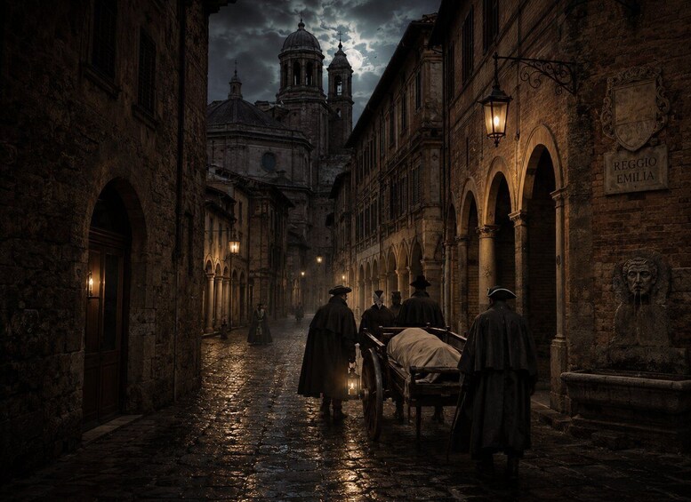 A cobblestone street with historic buildings, a church dome, and a carriage. 1