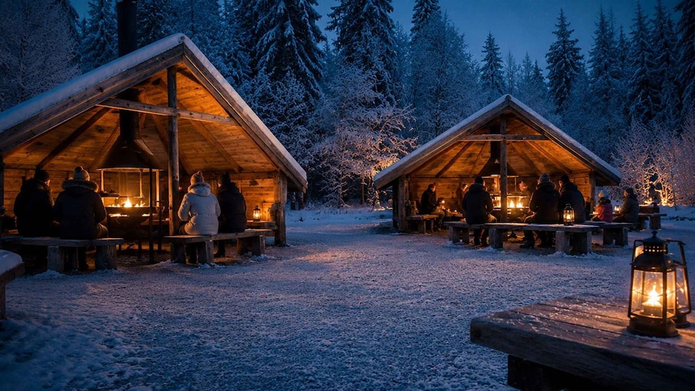 Two wooden cabins with people sitting at tables, surrounded by a snowy forest. 4