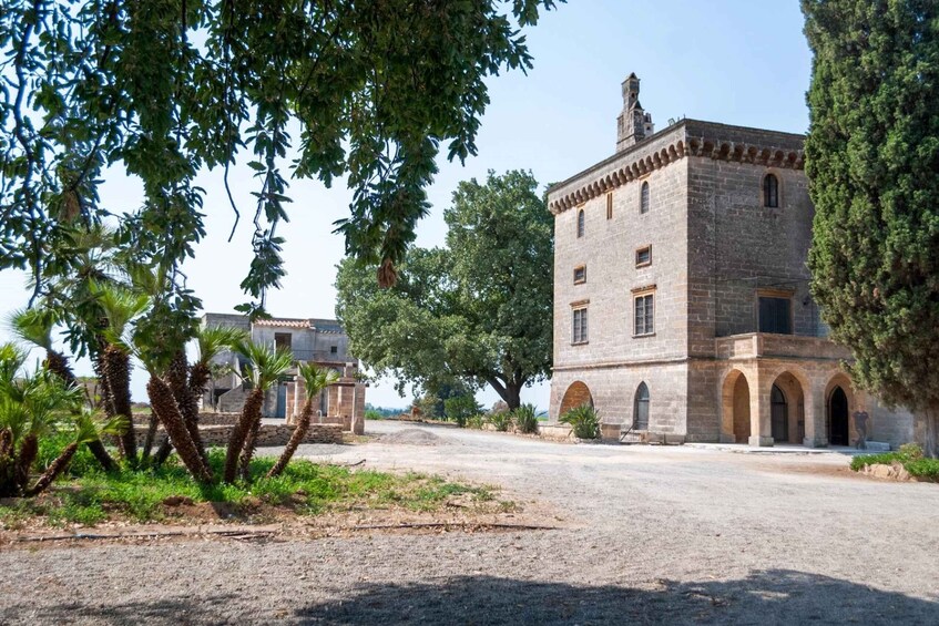 A historic stone building with arches, surrounded by trees and a gravel path. 4
