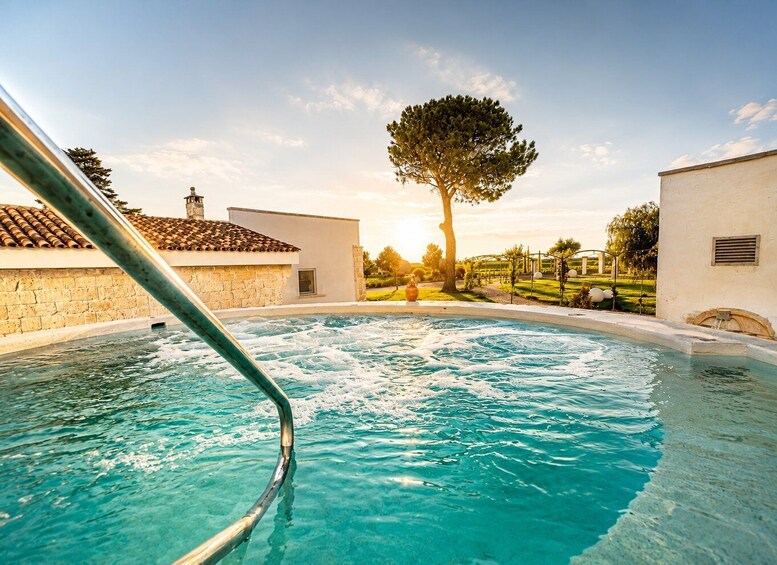A swimming pool with a clear blue water, surrounded by buildings and a large tree. 3