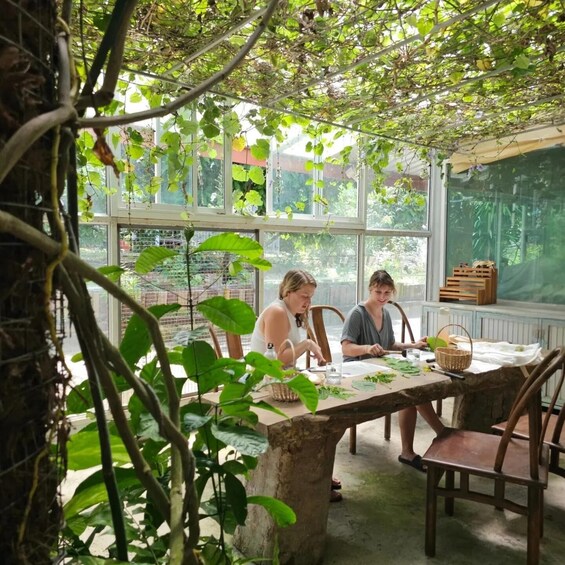 Two people engaged in an activity at a table surrounded by greenery in a sunlit room with large windows. 1