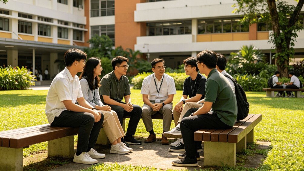 A group of people sitting on benches in a grassy outdoor area with buildings in the background. 5