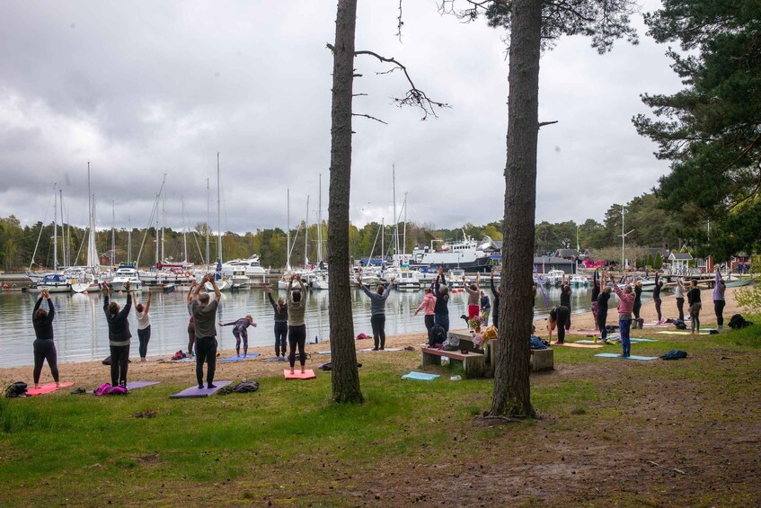 A group of people performing yoga on mats by a lakeside with boats in the background. 2