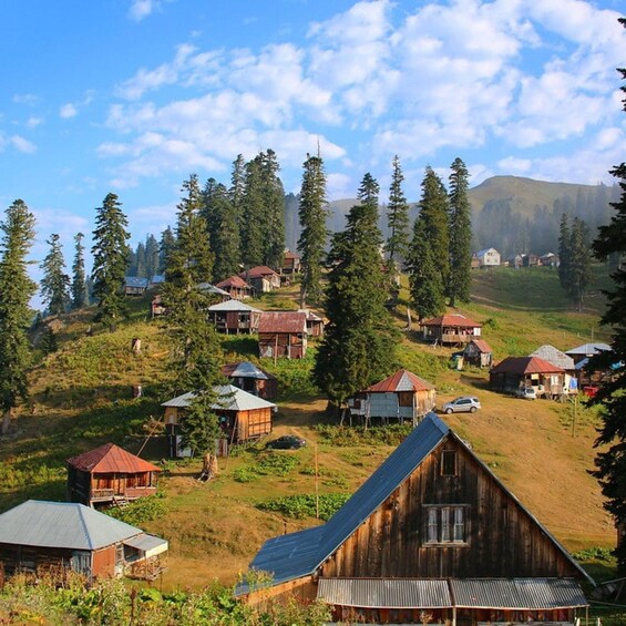 A rural village with wooden houses, a mountain in the background, and a clear sky. 4