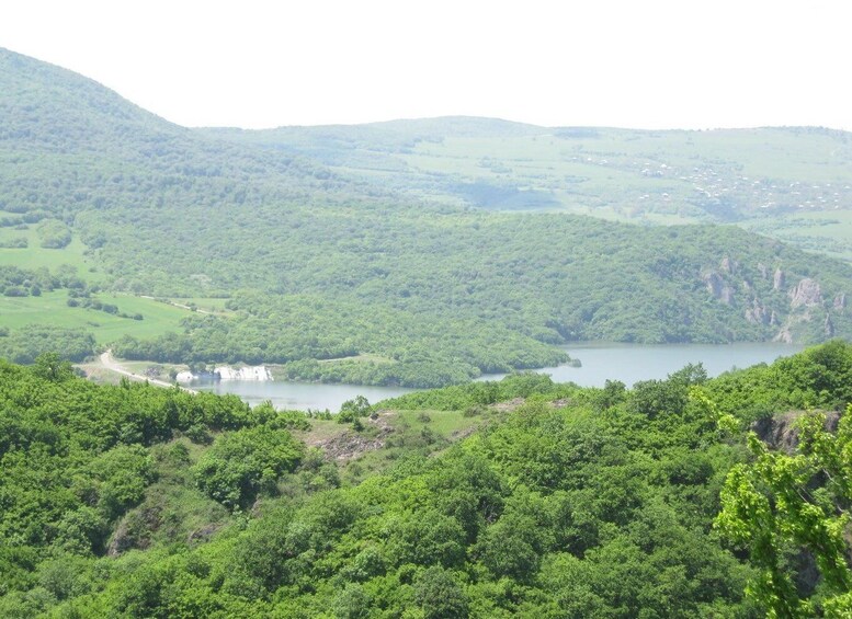 A lush valley with a lake, dense greenery, and a small building near the water's edge. 3