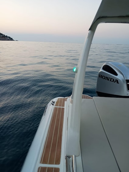 A boat's stern with a Honda outboard motor, calm water, and a distant shoreline. 5