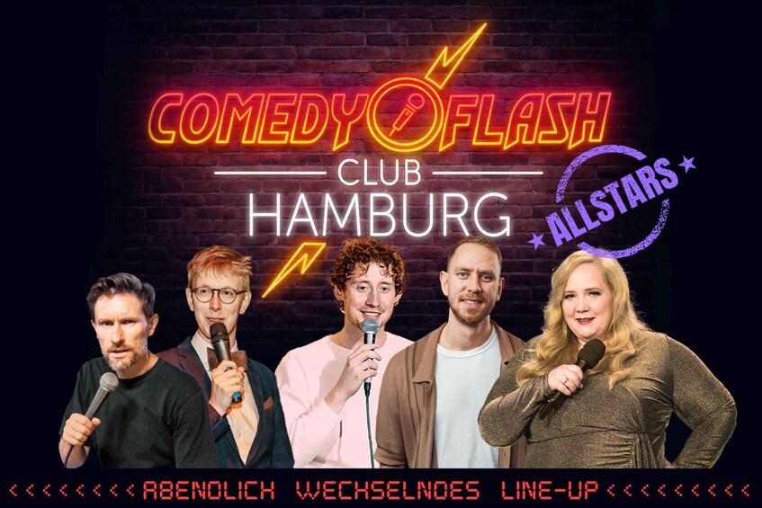 A promotional poster for Comedy Flash Club Hamburg with a brick wall background and neon text. 1