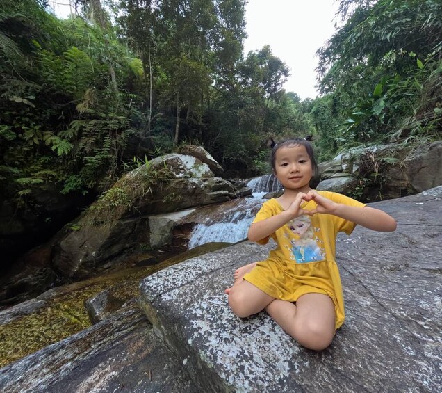 A child sitting on a rock by a waterfall in a forest. 2