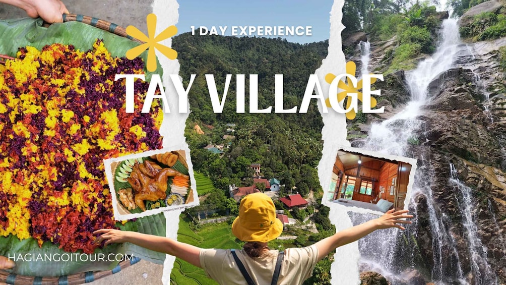 A person with arms outstretched, a colorful rice dish, a waterfall, and a traditional house. 1
