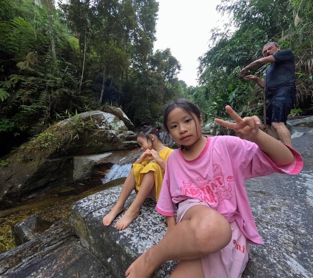 A person in a pink shirt sitting on a rock by a waterfall in a forest. 3