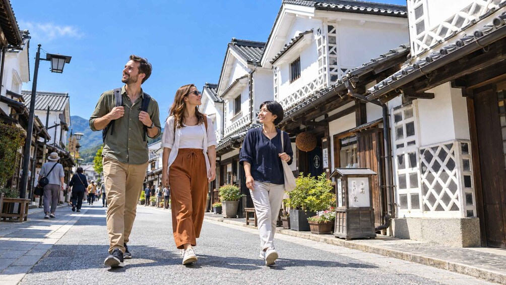 A street with traditional buildings, pedestrians, and a clear sky. 3