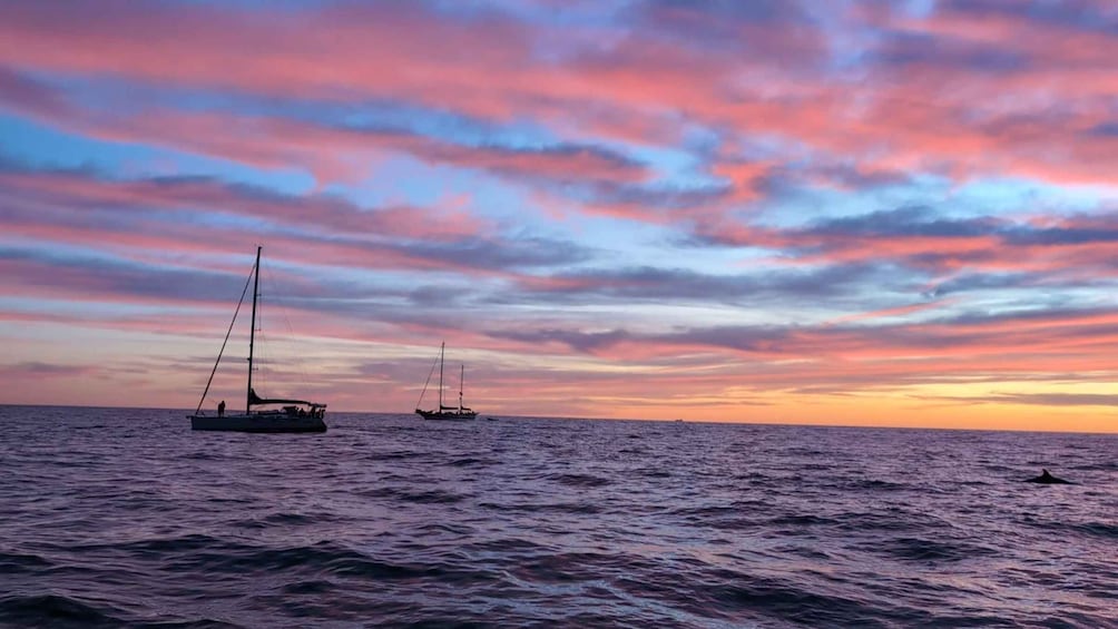 A sunset over the ocean with sailboats. 5