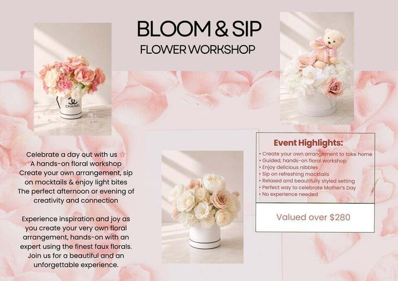 A BLOOM & SIP FLOWER WORKSHOP with floral arrangements and event highlights listed. 2