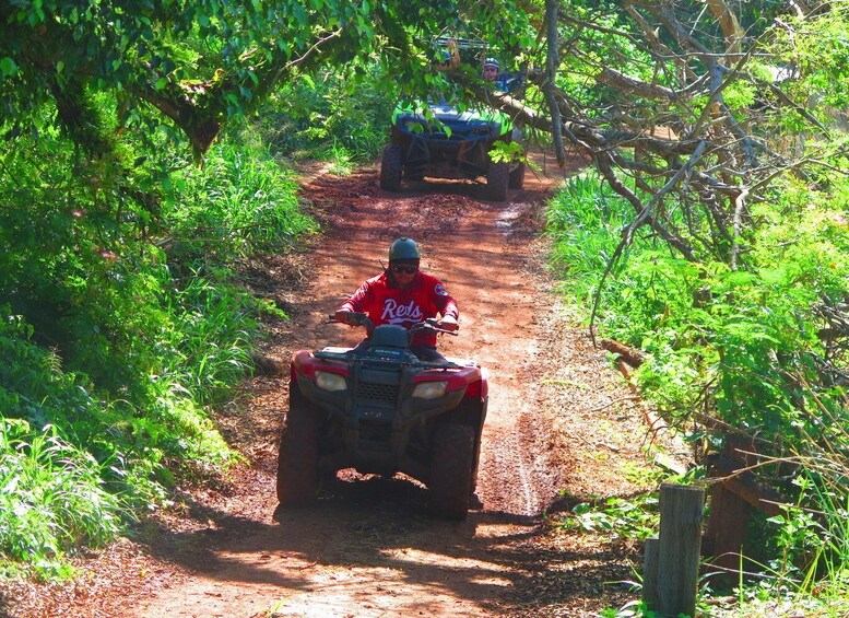 Two people riding ATVs on a dirt path surrounded by greenery. 3
