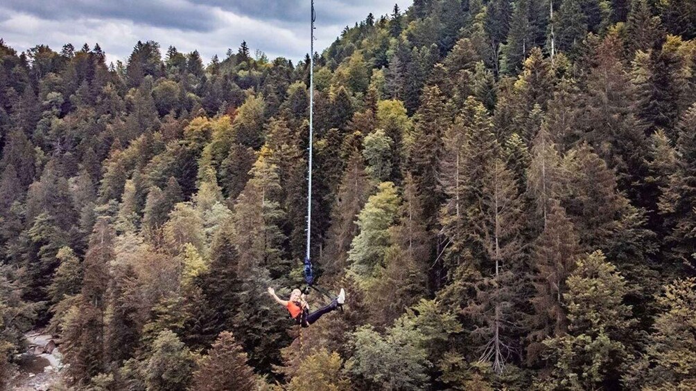 A person bungee jumping from a high point with a forested mountain in the background. 4