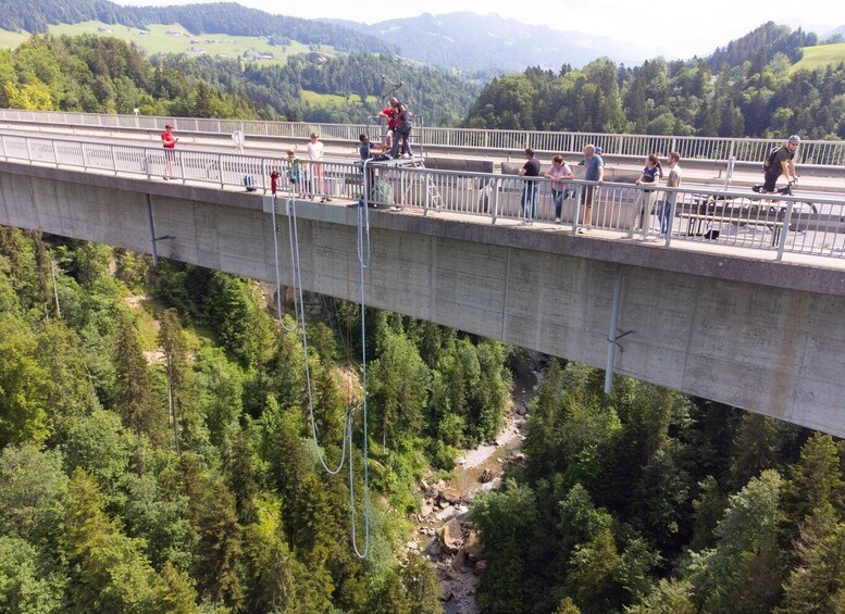 A bridge with people bungee jumping. 1