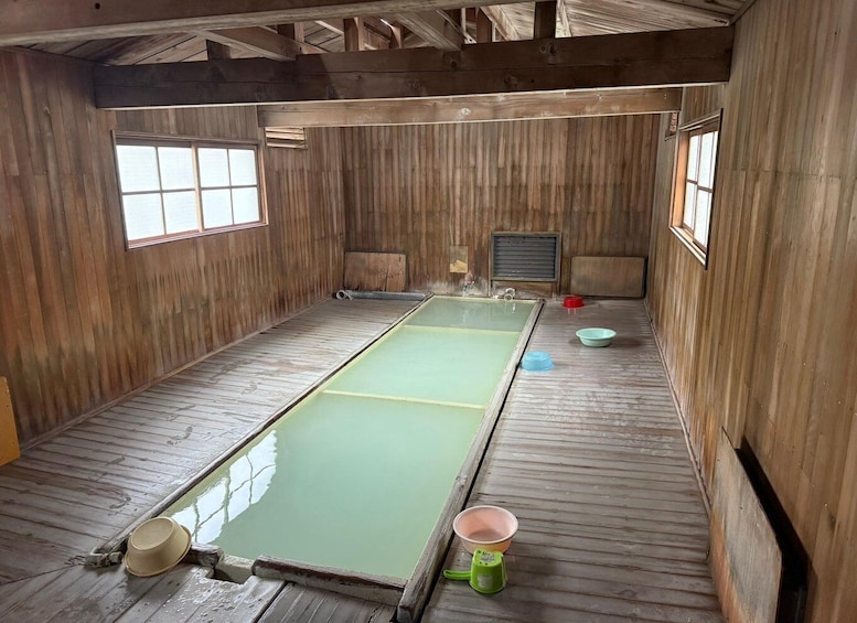 A wooden room with a large green heated floor, windows, and a metal door. 2