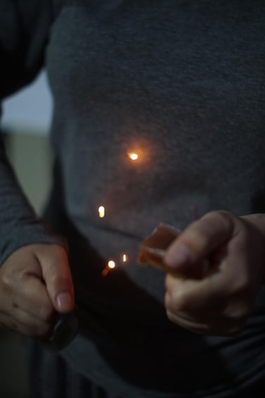A person holding a lighter with a flame. 2