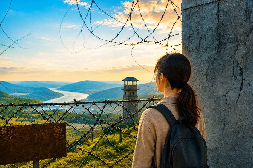 A person standing by a barbed wire fence overlooking a river and mountains. 1