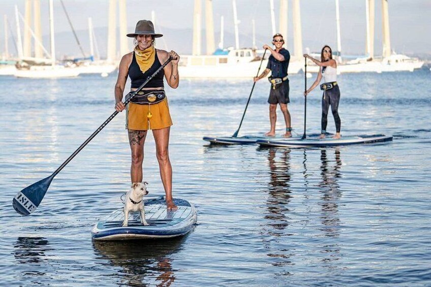 Three people paddleboarding on a calm body of water with sailboats in the background. 5