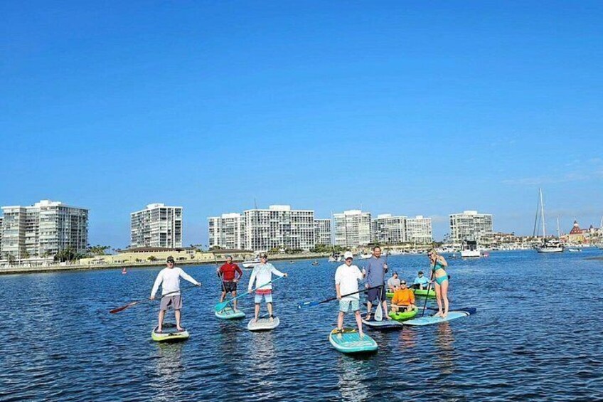 People on paddleboards in a body of water with buildings in the background. 3