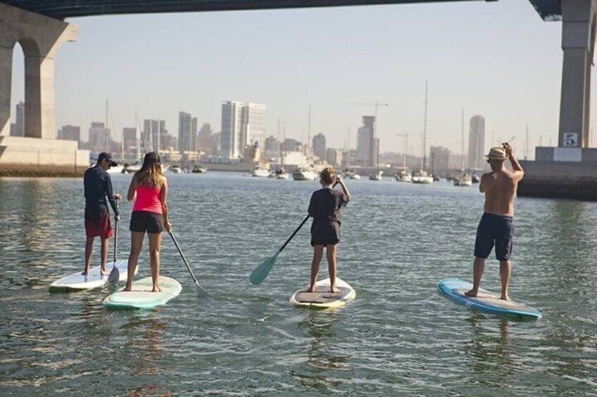 People paddleboarding on a river with a city skyline in the background. 2