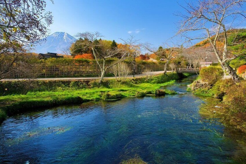 A river with a bridge, autumn foliage, and a mountain in the background. 3