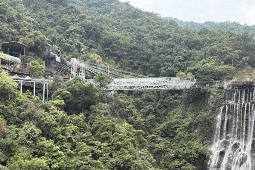 A waterfall, a bridge, and dense forest. 4