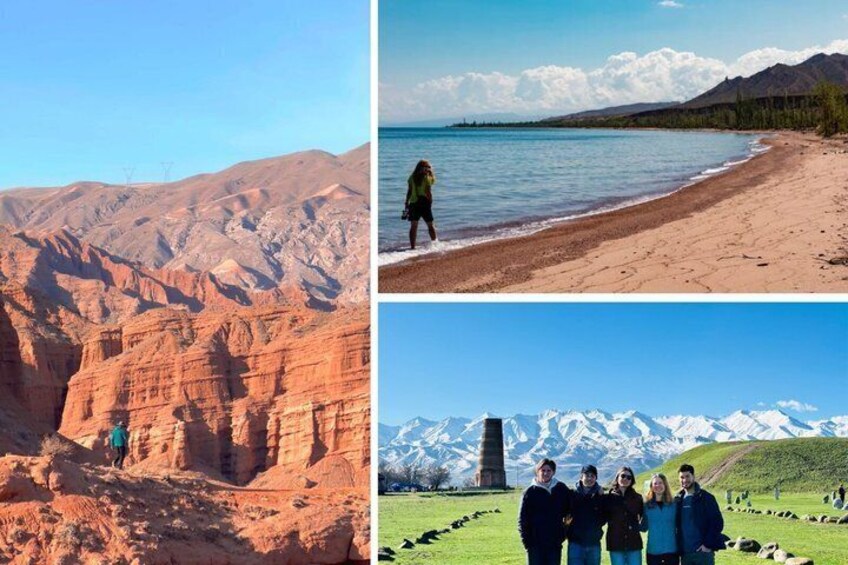 A canyon, a beach with mountains in the background, and a group of people in a field. 1