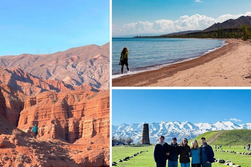 A canyon, a beach with a person, and a group of people with mountains in the background. 1