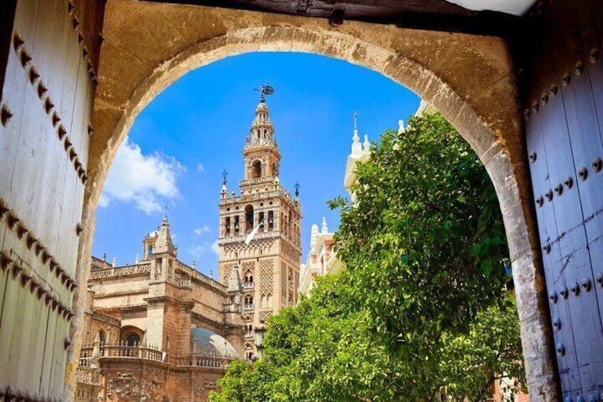 A historic building with a prominent tower, an archway, and lush greenery. 5