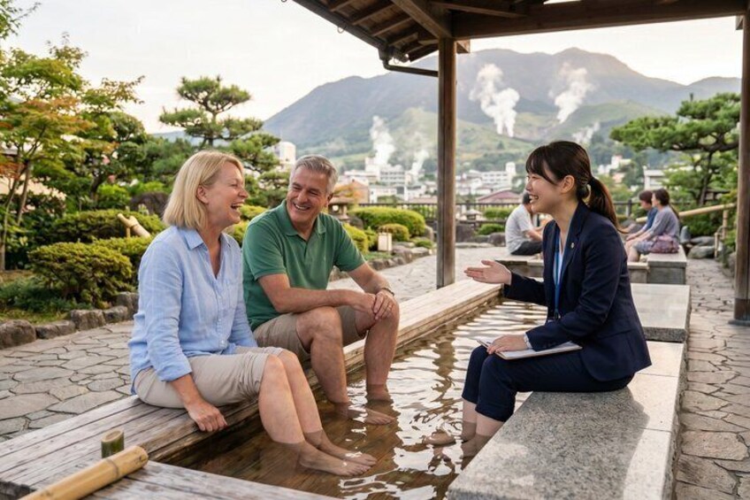 Three people sitting by a hot spring with a mountainous backdrop. 1