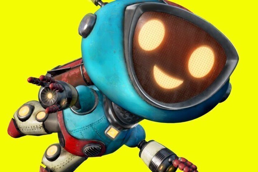 A robot with a large head and a smiling face. 3
