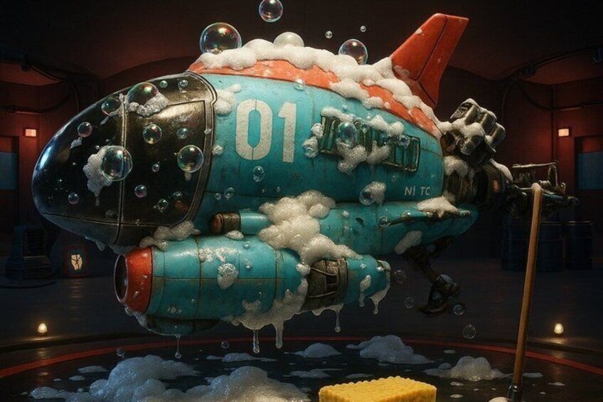 A large, colorful aircraft with the number 01 on its side, surrounded by bubbles and ice. 5