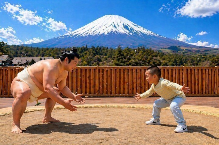 A sumo wrestler and a person in a wrestling stance with a snow-capped mountain in the background. 5